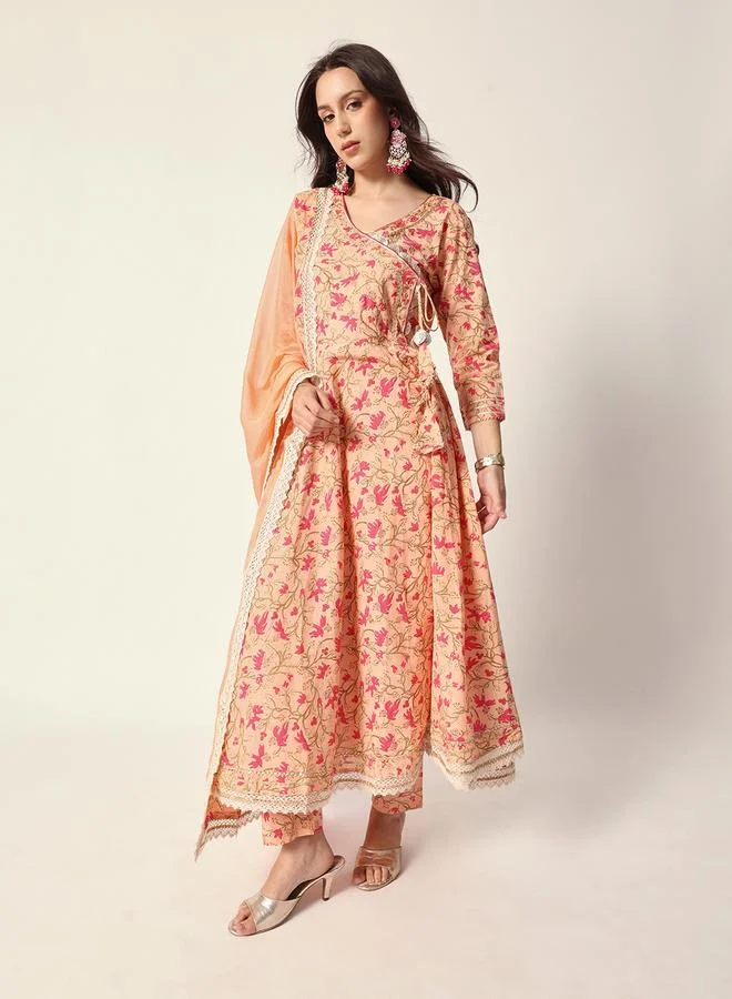 ISHIN Women's Peach Cotton Textured Tunic Full Palazzo Regular Fit Kurta Set