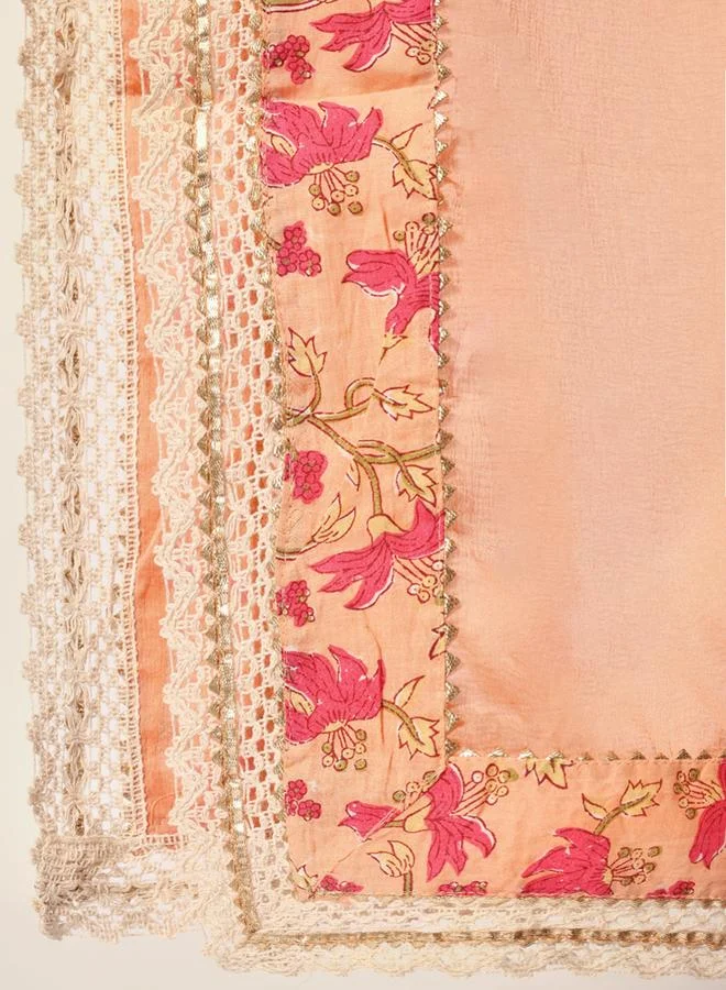 ISHIN Women's Peach Cotton Textured Tunic Full Palazzo Regular Fit Kurta Set
