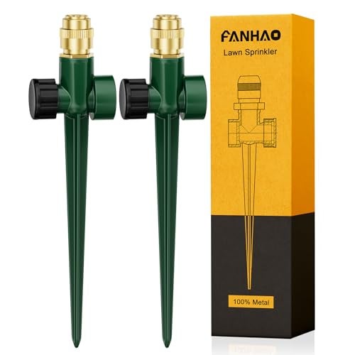 FANHAO 2 Pack Metal Lawn Sprinkler for Yard, Automatic Garden Water Sprinkler on Spike Base, Adjustable Brass Sprinkler Nozzle 360 Degree Large Area Coverage for Lawn Grass Patio Garden Irrigation - Image 1