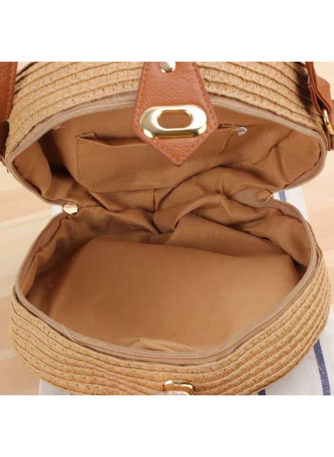 Loquat Round Shoulder Crossbody Dual-use Woven Bag Ins Summer Beach Bag Straw Women's Bag-Color:Beige  - Image 4
