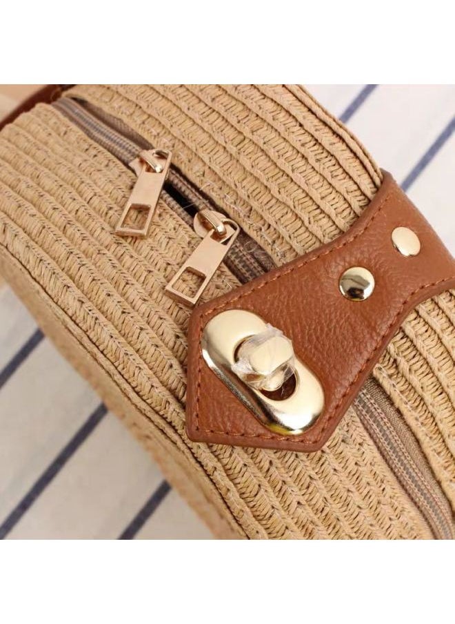 Loquat Round Shoulder Crossbody Dual-use Woven Bag Ins Summer Beach Bag Straw Women's Bag-Color:Beige  - Image 3