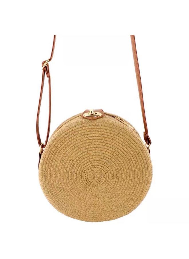 Loquat Round Shoulder Crossbody Dual-use Woven Bag Ins Summer Beach Bag Straw Women's Bag-Color:Beige  - Image 2
