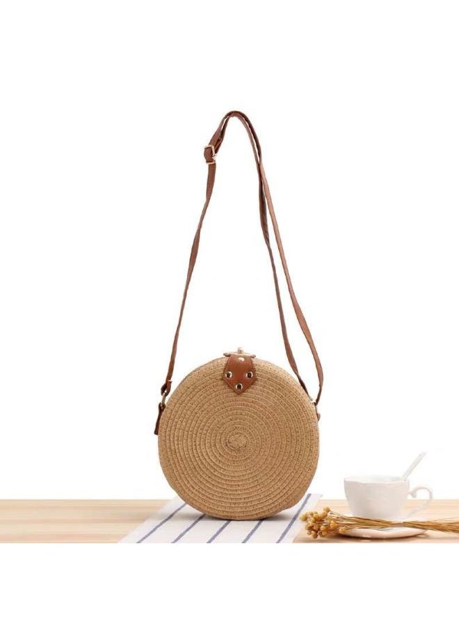 Loquat Round Shoulder Crossbody Dual-use Woven Bag Ins Summer Beach Bag Straw Women's Bag-Color:Beige  - Image 5