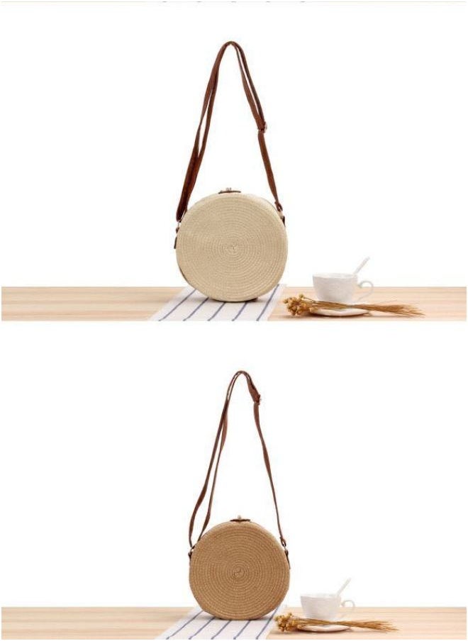 Loquat Round Shoulder Crossbody Dual-use Woven Bag Ins Summer Beach Bag Straw Women's Bag-Color:Beige  - Image 1