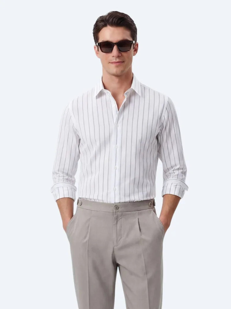 Kip White Striped Regular Fit Long Weaving Casual Cotton Blended Shirt