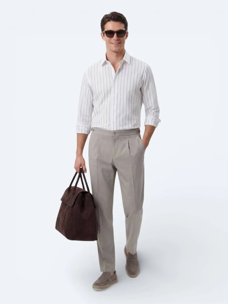 Kip White Striped Regular Fit Long Weaving Casual Cotton Blended Shirt