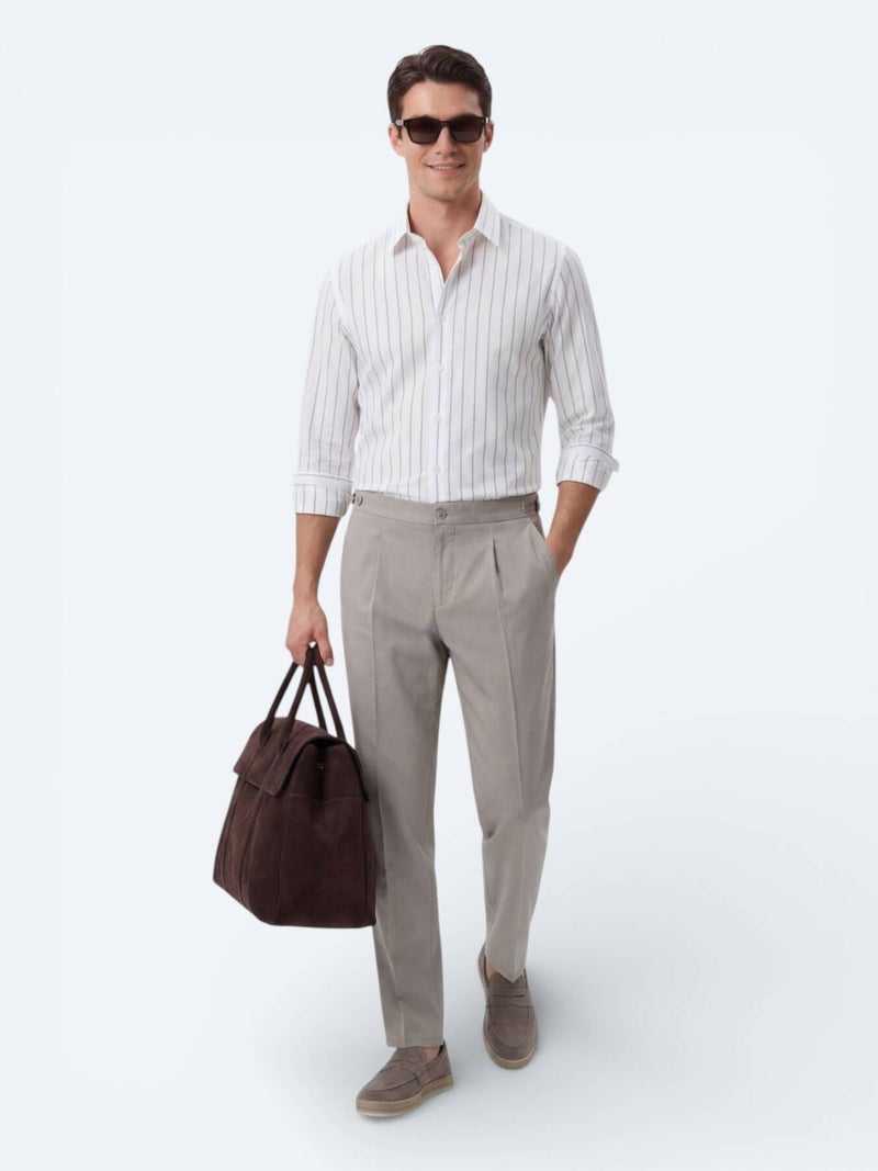Kip White Striped Regular Fit Long Weaving Casual Cotton Blended Shirt - Image 1