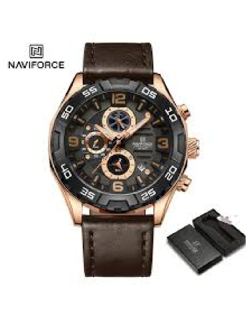 Mens Chronograph Sport Watch with Rose Gold Case and Brown Leather Strap