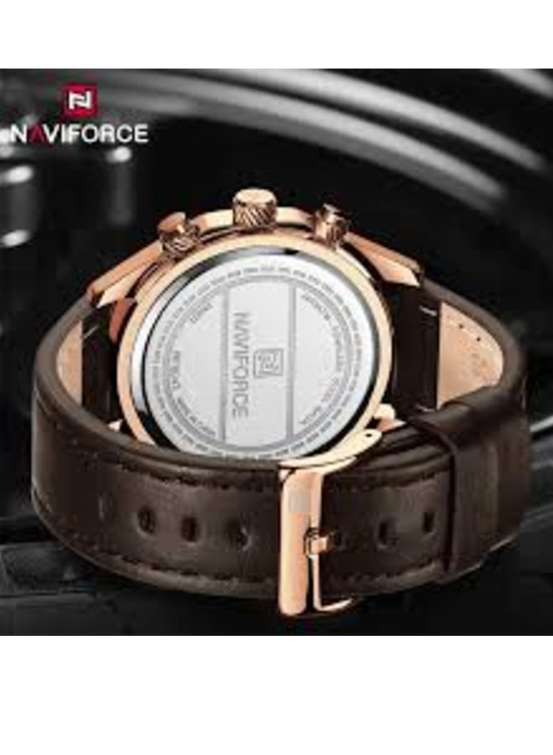 Mens Chronograph Sport Watch with Rose Gold Case and Brown Leather Strap
