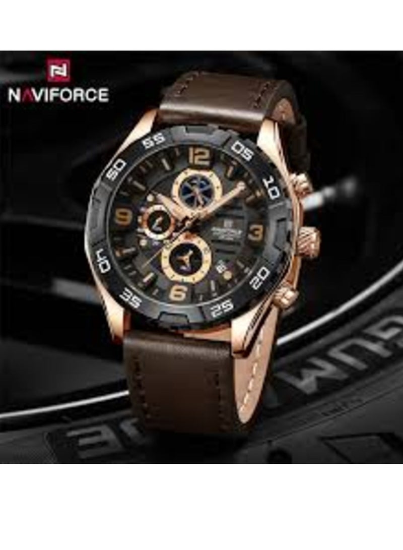 Mens Chronograph Sport Watch with Rose Gold Case and Brown Leather Strap