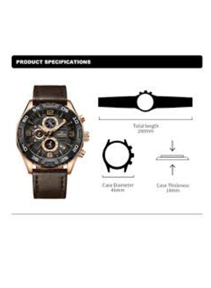 Mens Chronograph Sport Watch with Rose Gold Case and Brown Leather Strap