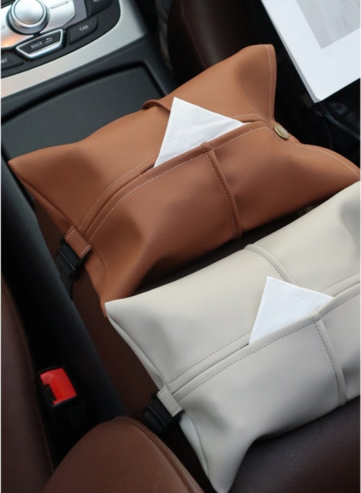 2 pieces Leather Car Mounted Tissue Box Holder Multifunctional for Home Decorations for Living Room Bedroom and Office Refillable Tissue Box Cover Car Tissue Holder Multi-scenario use Universal Hanging Tissue Home Creative Dining Table Napkin Paper Storage Bag Solid color(Brown) - Image 3