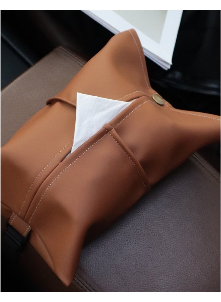 2 pieces Leather Car Mounted Tissue Box Holder Multifunctional for Home Decorations for Living Room Bedroom and Office Refillable Tissue Box Cover Car Tissue Holder Multi-scenario use Universal Hanging Tissue Home Creative Dining Table Napkin Paper Storage Bag Solid color(Brown) - Image 1