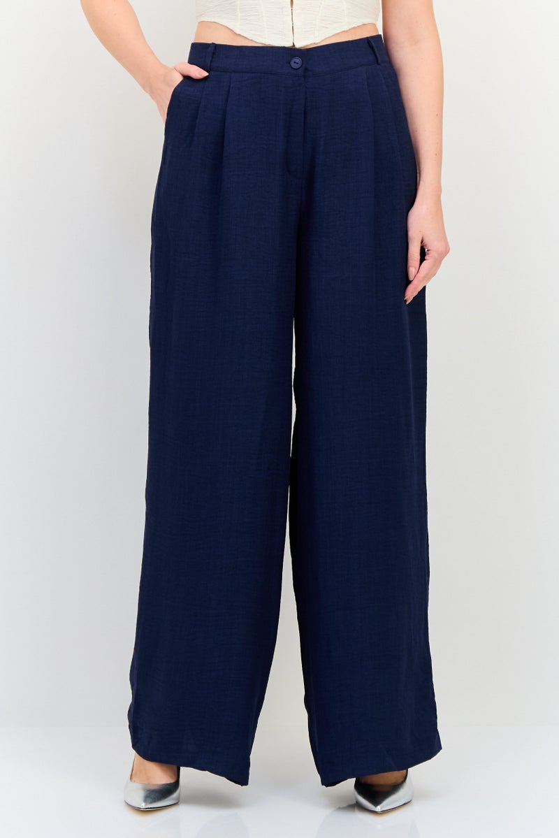 Ulyashova Women Regular Fit Plain Wide Leg Pants, Navy - Image 1