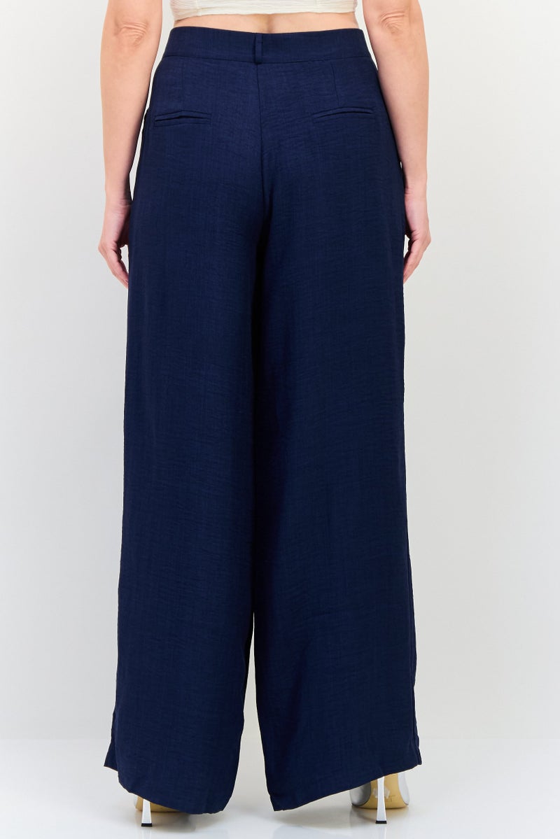 Ulyashova Women Regular Fit Plain Wide Leg Pants, Navy - Image 3