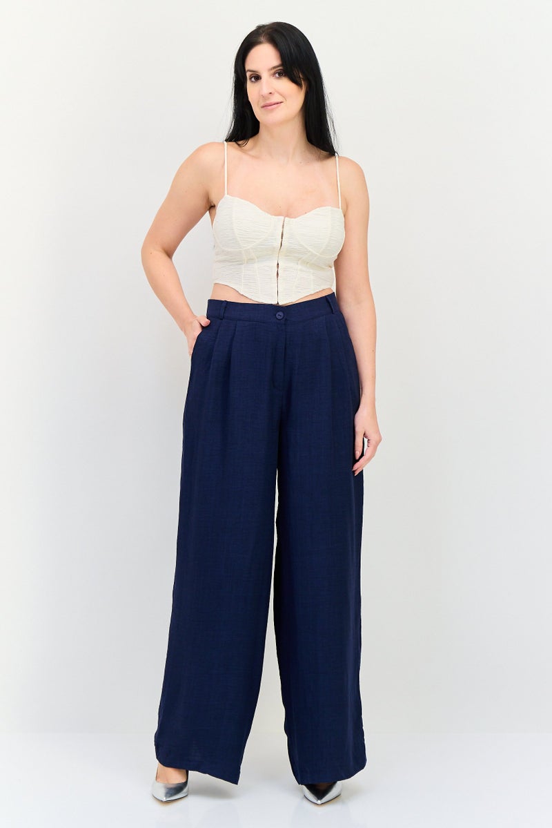 Ulyashova Women Regular Fit Plain Wide Leg Pants, Navy - Image 4