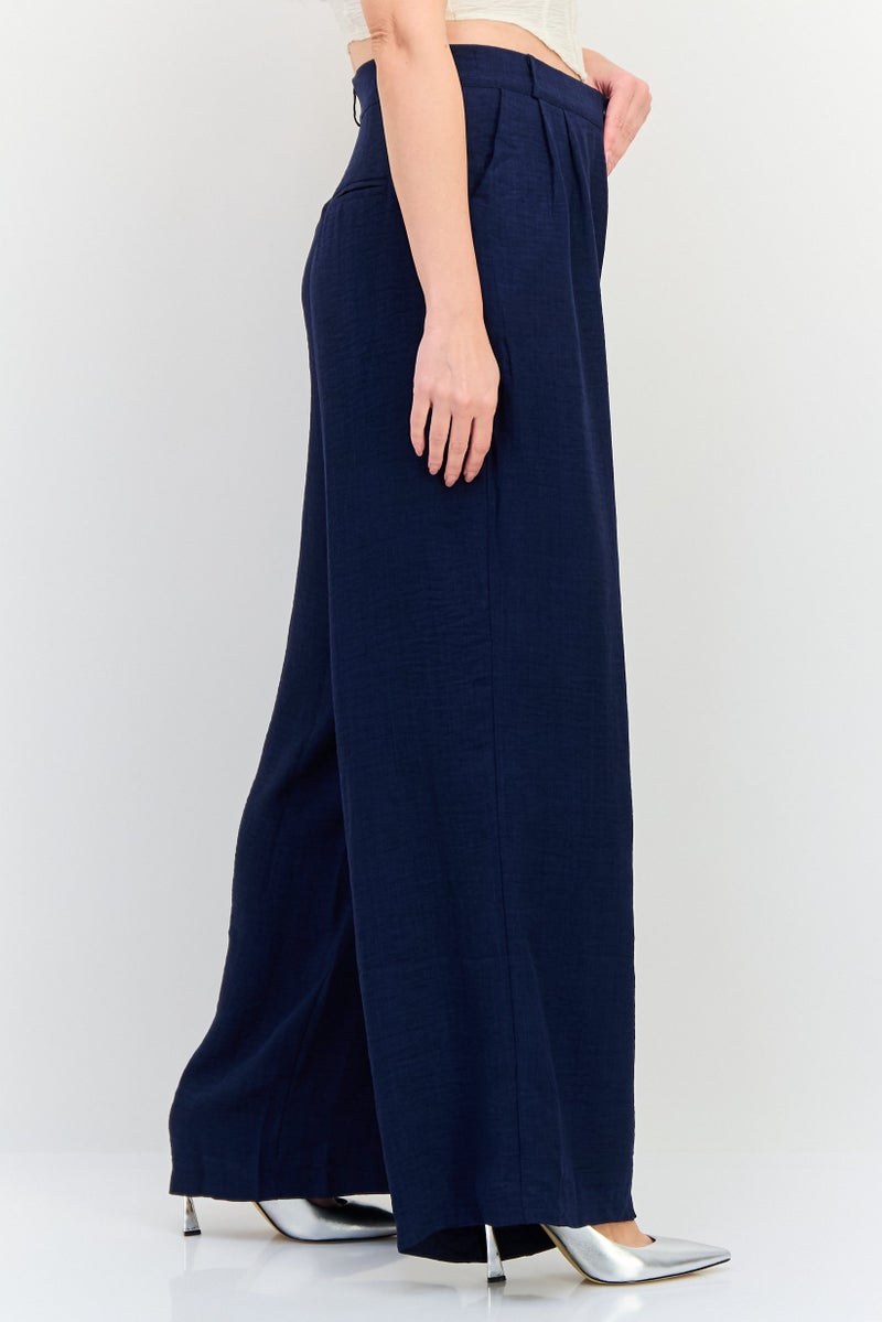 Ulyashova Women Regular Fit Plain Wide Leg Pants, Navy - Image 2