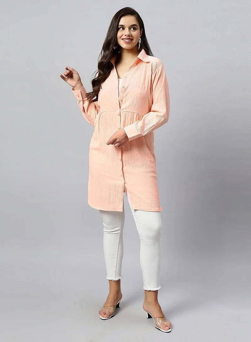 TUMMY Oversized Peach Shirt for Women, Solid Pattern, Spread Collar & with Drawstring