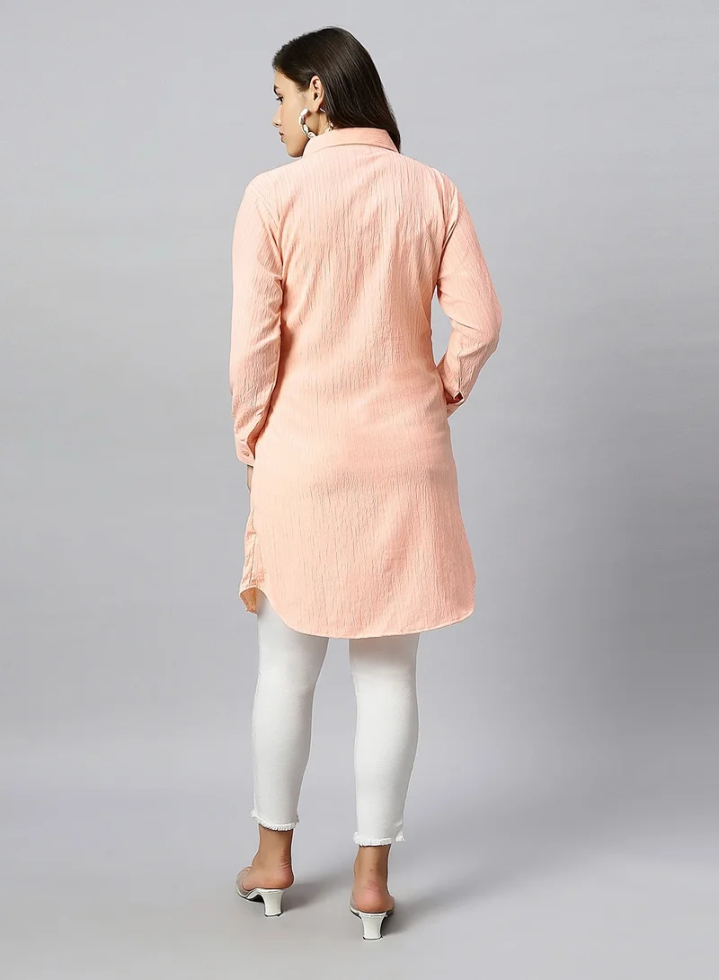 TUMMY Oversized Peach Shirt for Women, Solid Pattern, Spread Collar & with Drawstring