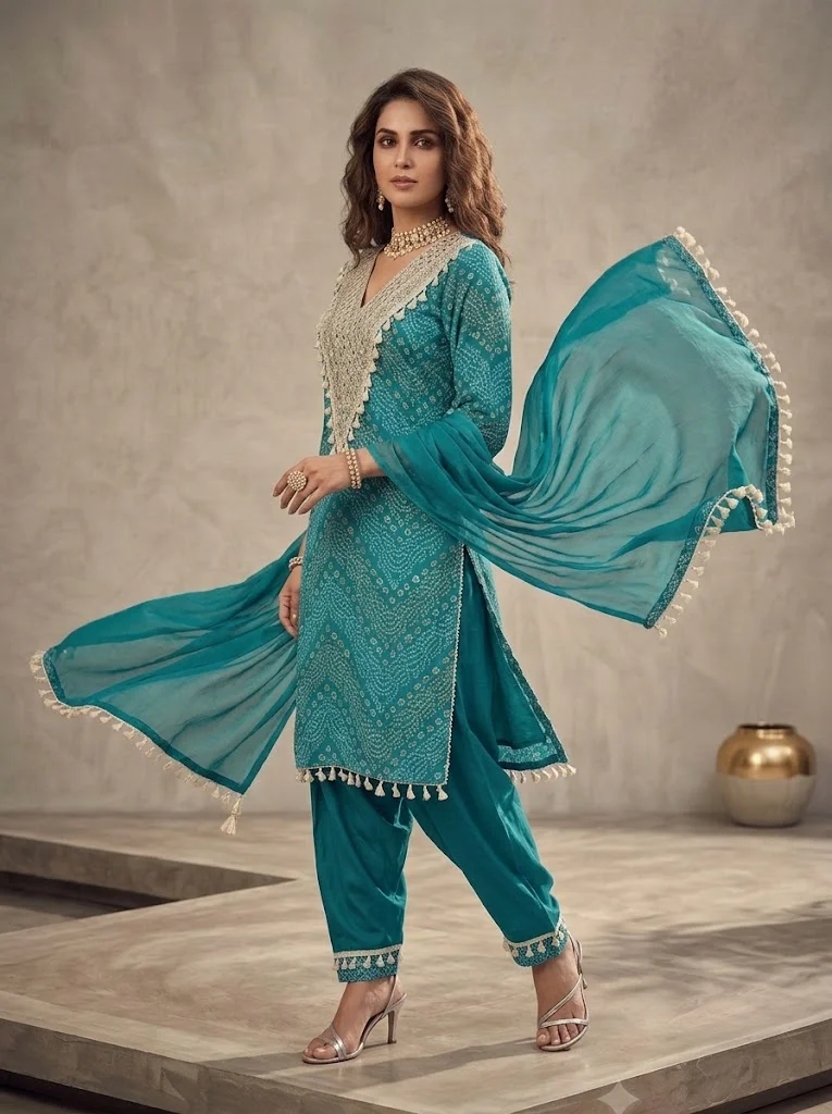 Viny VINY Turquoise Bandhani Print Suit Set – Women's Indian Ethnic Wear
