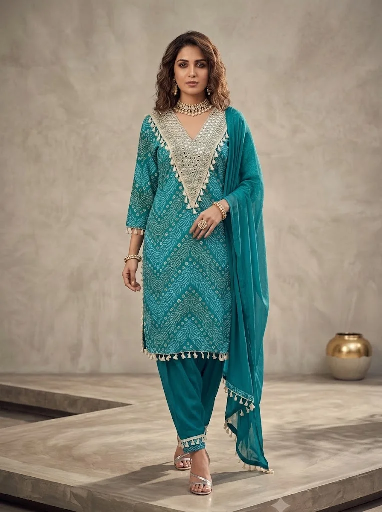 VINY Turquoise Bandhani Print Suit Set – Women's Indian Ethnic Wear