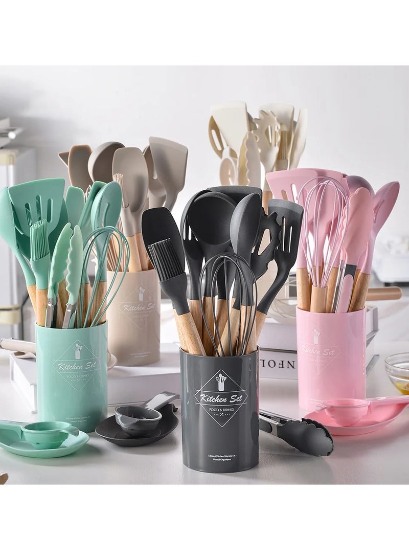 AROAQ Silicone Kitchen Utensils Set With Wooden Handle And Storage Bucket, Heat Resistant Silicone Kitchen Spatulas Set, Red 12pc  - Image 2