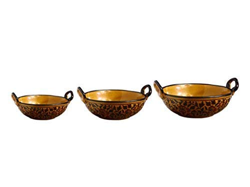 Caffeine Ceramic Handmade Stoneware Brown sehra Serving kadhai (Set of 3 Microwave & Dishwasher Safe) - Image 1