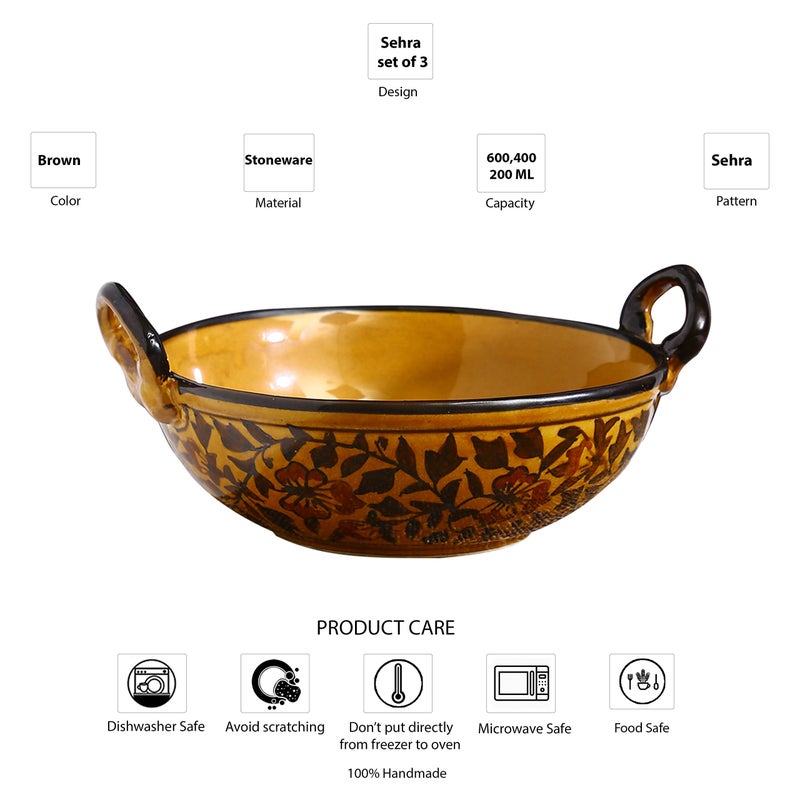 Caffeine Ceramic Handmade Stoneware Brown sehra Serving kadhai (Set of 3 Microwave & Dishwasher Safe) - Image 4