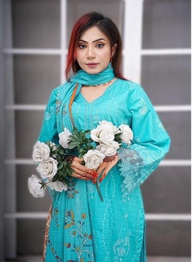 Winchell's Pakistani Traditional Turquoise Embroidered 3-Piece Suit – Floral Design, Long Sleeves, and Matching Dupatta in Aqua Green -Large - Image 3