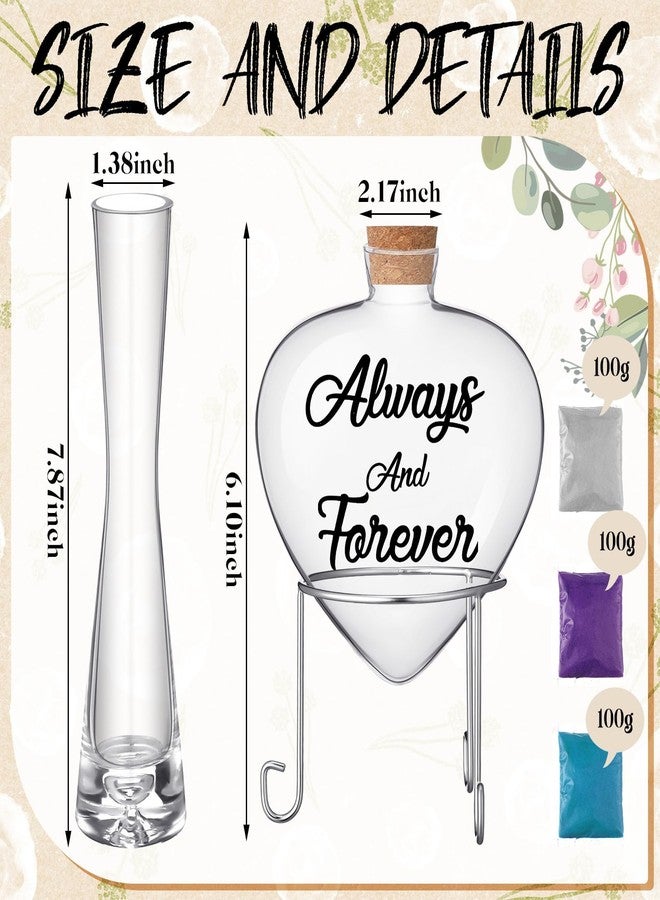 ايرينير مجموعة رمل الوحدة من إيريناري لحفلات الزفاف تتضمن 3 مزهريات لحفلات الزفاف، و3 قطع رمل، وزجاجة على شكل قلب مع حامل معدني، وسدادة من الفلين لحفلات الخطوبة والذكرى السنوية (داكن، كلاسيكي). - Image 3