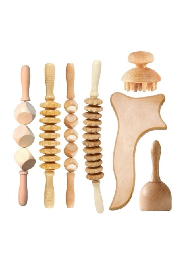 7-Piece Wood Therapy Massage Tool Lymphatic Drainage Massager Anti Cellulite Fascia Massage Roller for Full Body Muscle Pain Relief - Image 1