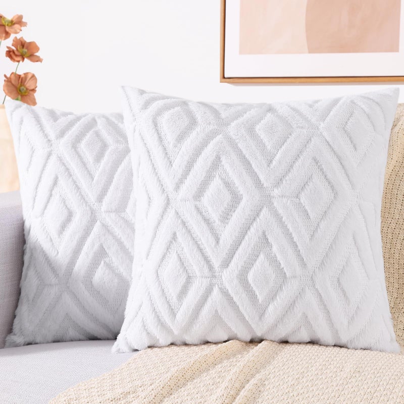 decorUhome Spring Couch Throw Pillow Covers 18x18 Set of 2, Decorative Soft Plush Faux Fur Wool Accent Pillow Covers for Modern Farmhouse Bed Sofa Living Room, Pure White - Image 1