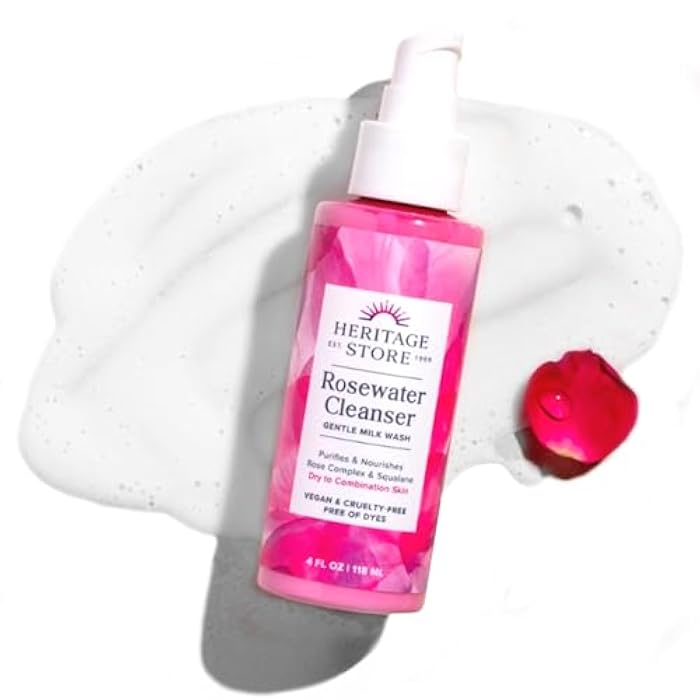 HERITAGE STORE Rosewater Facial Cleanser - Milk Face Wash Purifies and Nourishes w/Squalane, Rose Complex, Dry Skin to Combination Skin Care, Hypoallergenic, pH Balanced, Vegan, 60-Day Guarantee, 4oz - Image 1