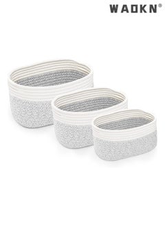 WAOKN Cotton Rope Storage Baskets - Set of 3 | Small Grey & White Baskets for Shelves | Organizer Bins for Nursery & Bathroom  - Image 1
