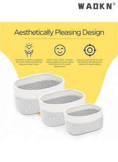 WAOKN Cotton Rope Storage Baskets - Set of 3 | Small Grey & White Baskets for Shelves | Organizer Bins for Nursery & Bathroom  - Image 4