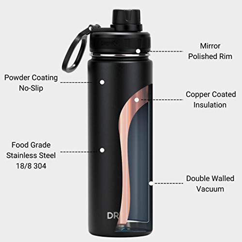 Drinco Stainless Steel Water Bottle Spout Lid Vacuum Insulated Double Wall Water Bottle Wide Mouth (40oz 32oz 22oz 18oz 14oz) Leak Proof Keep Cold Sport Camping Hiking (22 oz, 22oz Black) - Image 5