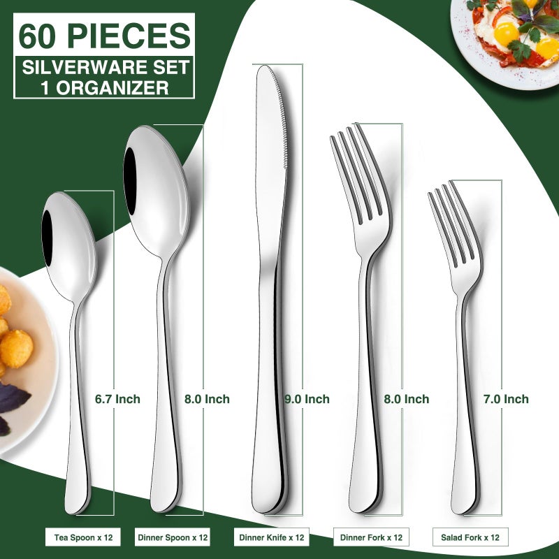AIVIKI 60-Piece Silverware Set with Organizer,AIVIKI Stainless Steel Flatware Set for 12,Cutlery Utensil Sets for Home Restaurant,Tableware Set Include forks spoons and knives,Mirror Polished,Dishwasher Safe - Image 3