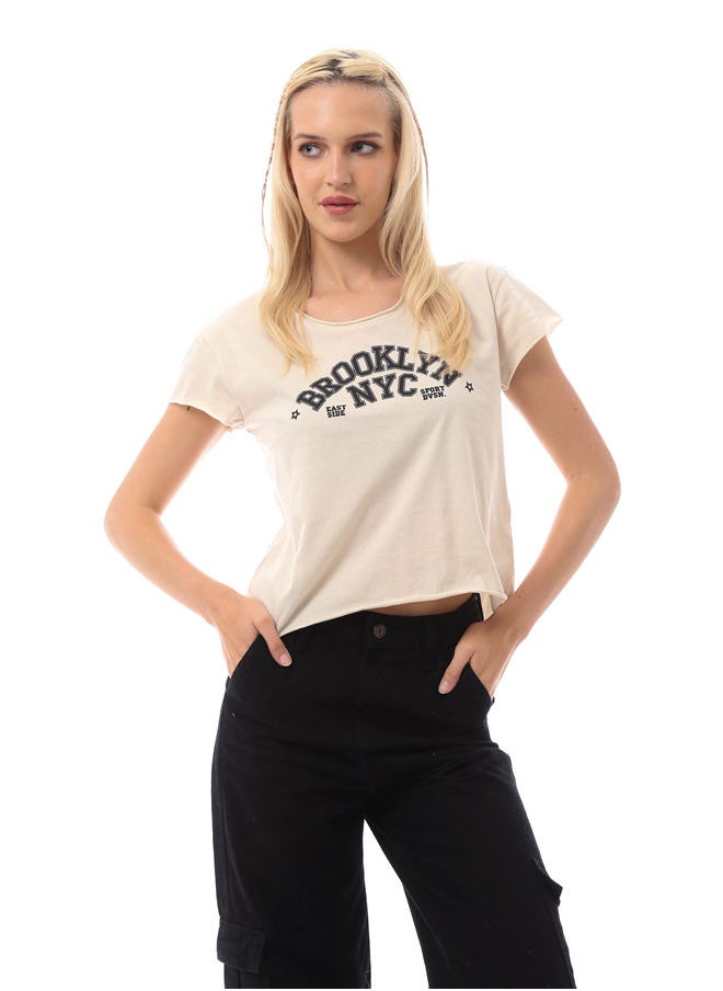 RAVIN - Dark Beige Roll Edges Printed Tee - Image 1
