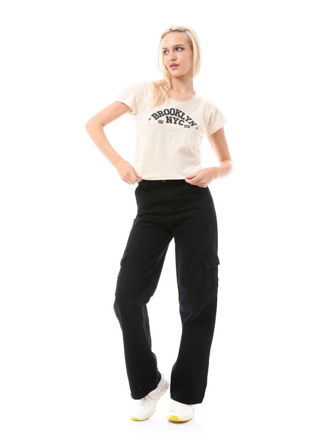RAVIN - Dark Beige Roll Edges Printed Tee - Image 1