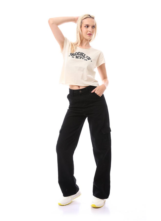 RAVIN - Dark Beige Roll Edges Printed Tee - Image 1