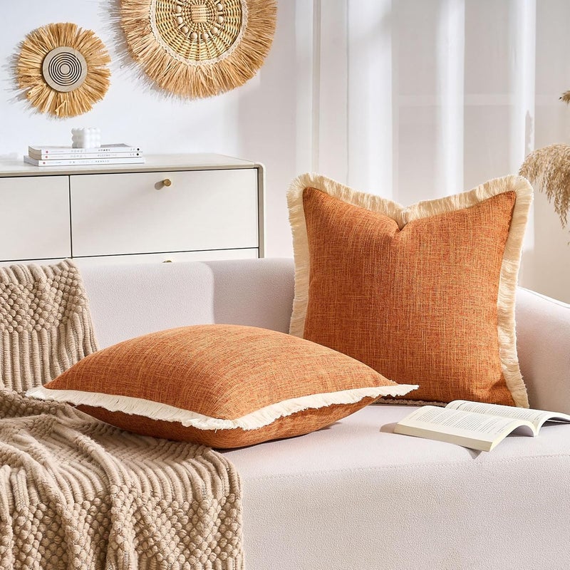 KWLET Boho Throw Pillow Covers Decorative Linen Fringe Pillowcase 16x16 Farmhouse Pillow Covers with Tassels Soft Accent Pillowcase for Couch Sofa Bed Living Room Home Decor Orange - Image 2