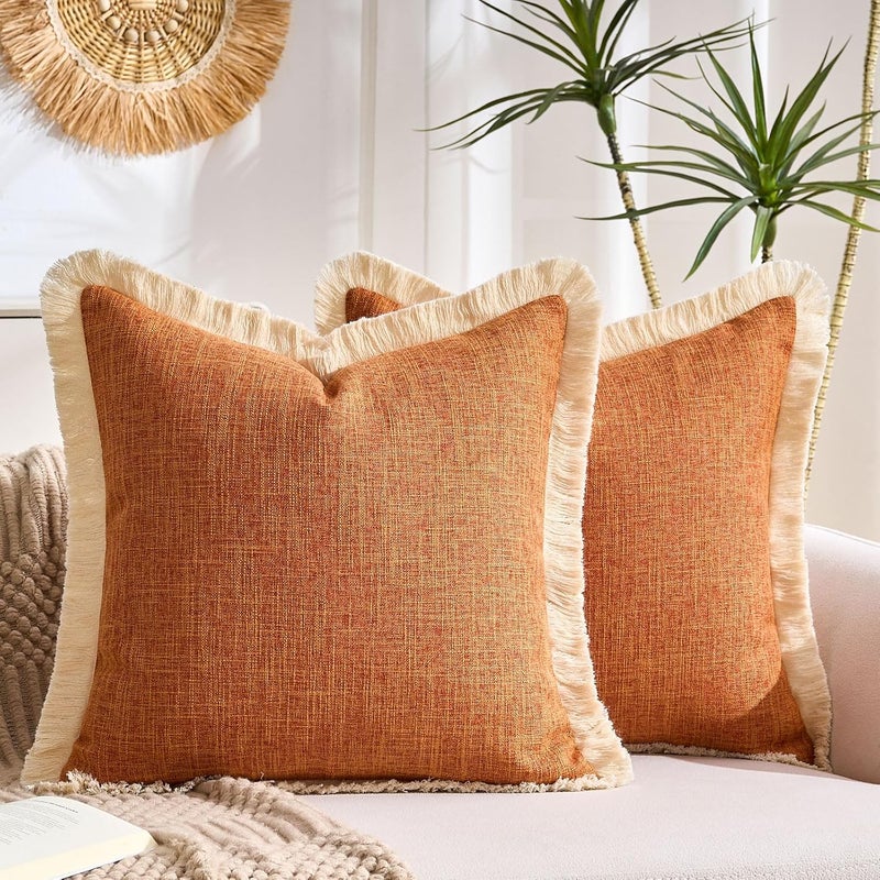 KWLET Boho Throw Pillow Covers Decorative Linen Fringe Pillowcase 16x16 Farmhouse Pillow Covers with Tassels Soft Accent Pillowcase for Couch Sofa Bed Living Room Home Decor Orange - Image 1