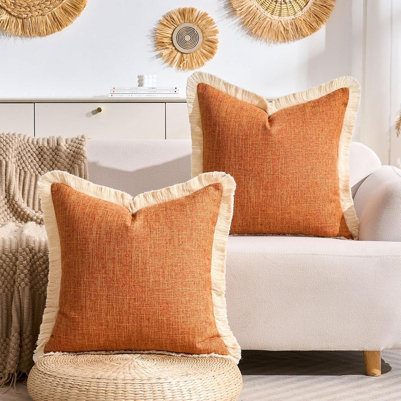 KWLET Boho Throw Pillow Covers Decorative Linen Fringe Pillowcase 16x16 Farmhouse Pillow Covers with Tassels Soft Accent Pillowcase for Couch Sofa Bed Living Room Home Decor Orange - Image 3
