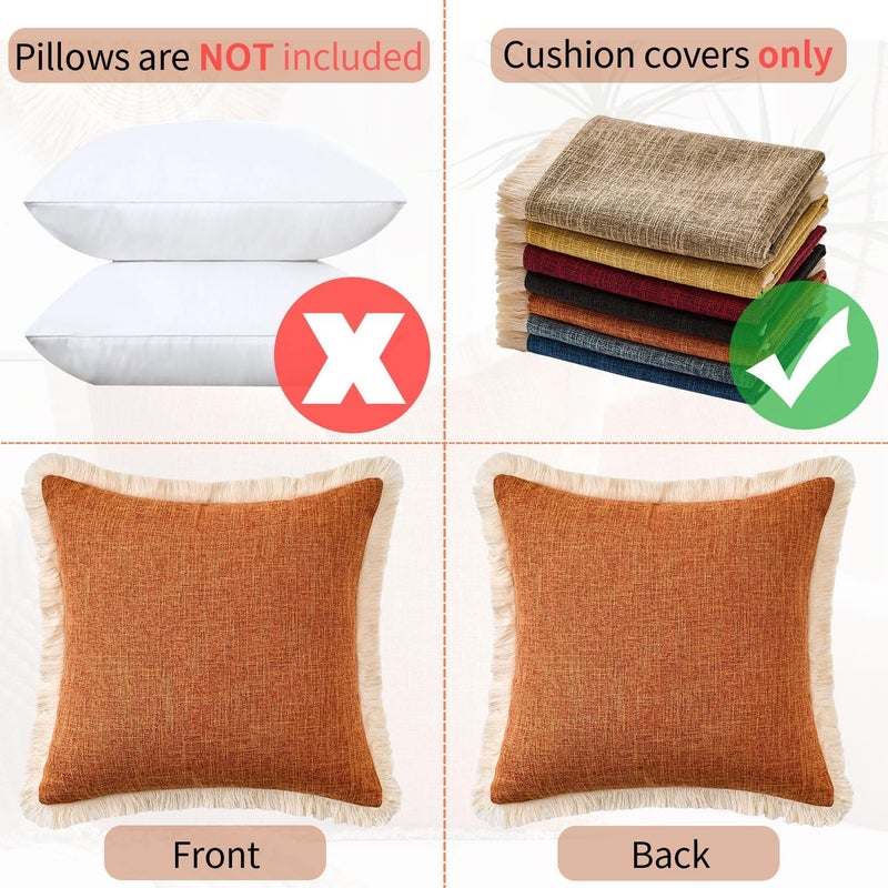 KWLET Boho Throw Pillow Covers Decorative Linen Fringe Pillowcase 16x16 Farmhouse Pillow Covers with Tassels Soft Accent Pillowcase for Couch Sofa Bed Living Room Home Decor Orange - Image 5