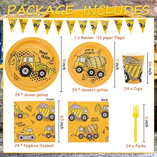 DYLIVeS 132 Pcs Construction Birthday Party Supplies Construction Disposable Tableware Set Dump Truck Party Table Decorations for Boy 9 and 7 Plates Napkins Cups Forks Banner Serves 24 - Image 5
