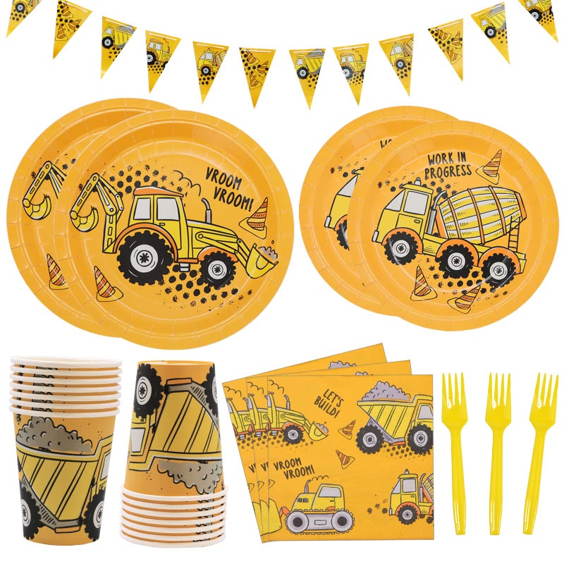 DYLIVeS 132 Pcs Construction Birthday Party Supplies Construction Disposable Tableware Set Dump Truck Party Table Decorations for Boy 9 and 7 Plates Napkins Cups Forks Banner Serves 24 - Image 3