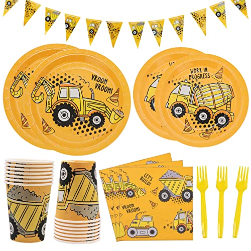 DYLIVeS 132 Pcs Construction Birthday Party Supplies Construction Disposable Tableware Set Dump Truck Party Table Decorations for Boy 9 and 7 Plates Napkins Cups Forks Banner Serves 24 - Image 1