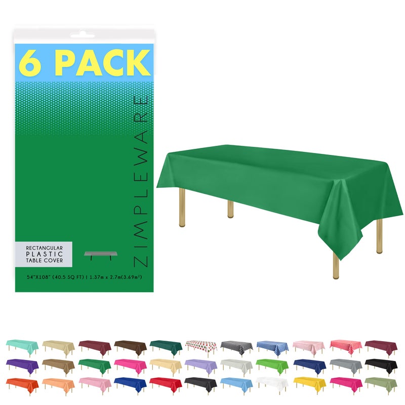 ZIMPLEWARE Premium Green Plastic Table Cloth Disposable 6 Pk Plastic Tablecloths for Rectangle Tables 54in x 108in Party Table Cloths Disposable for 6ft to 8ft Rectangle Tables