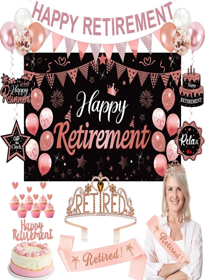 Uiorgui Rose Gold Retirement Party Decorations for Women, Retired Crown and Sash Retirement Backdrop Balloons Cake Toppers Hanging Swirls Retired Parties Supplies 24PCS - Image 1