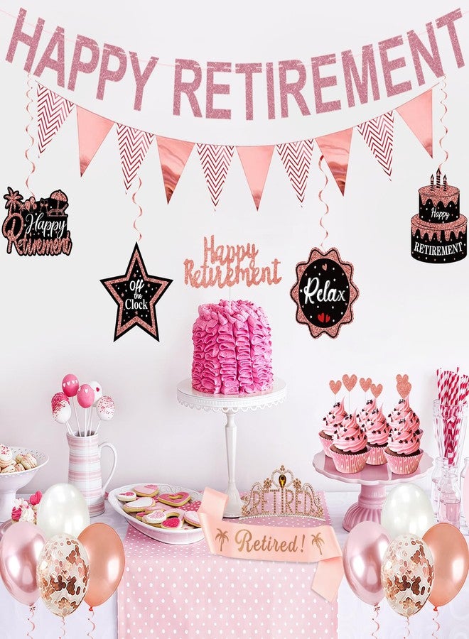 Uiorgui Rose Gold Retirement Party Decorations for Women, Retired Crown and Sash Retirement Backdrop Balloons Cake Toppers Hanging Swirls Retired Parties Supplies 24PCS - Image 4